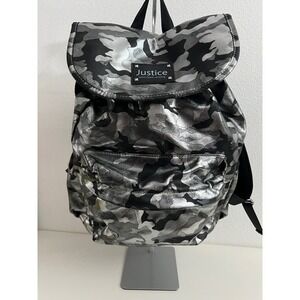 Justice Girls Metallic Silver Camo Drawstring Backpack Black Camouflage